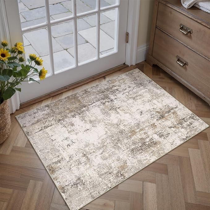 WondRg 2x3 Washable Area Rug Brown Grey Abstract Entryway Kitchen Throw Rug Neutral Modern Non Slip Soft Low Pile Small Carpet for Bathroom Living Room Bedroom
