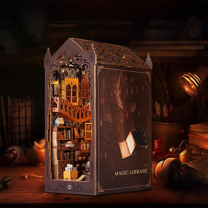 suruim DIY Book Nook Kit Bookend Puzzle Miniature Nook Library Bookshelf Insert Bookends Decoration Books Ornaments Gifts for Adults(Magic House-2)