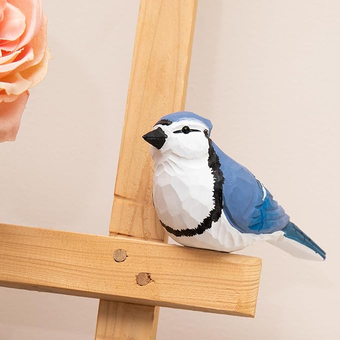Handmade Wooden Blue Jay Bird Figurine – Backyard Blue Jay Home Decor, Cute Jay Knick-Knack for Bird Lovers, Unique Gift for Women, Mom, Friends – Rustic Nature Home Ornament