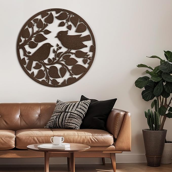SIGNLEADER Metal Wall Art Decor Birds Tree Circular Frame Minimalist Modern Abstract Wall Sculpture Hangings Home Decoration for Living Room, Bedroom, Bathroom, Kitchen, Outdoor - 18" Bronze