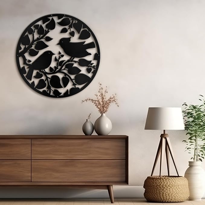 SIGNLEADER Metal Wall Art Decor Birds Tree Circular Frame Minimalist Modern Abstract Wall Sculpture Hangings Home Decoration for Living Room, Bedroom, Bathroom, Kitchen, Outdoor - 18" Black