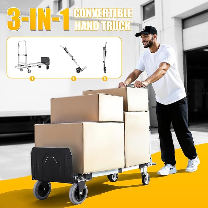 3 in 1 Aluminum Folding Hand Truck Dolly Cart with Wheels 600 Lbs Capacity Collapsible Heavy Duty Convertible Trolley with Retractable Handle for Moving Home Warehouse Office Camping (Black)