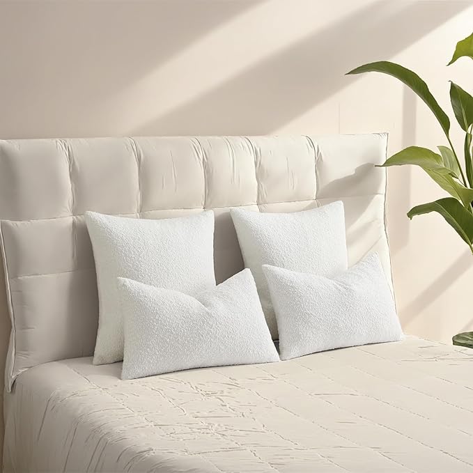 HAUSSY Christmas White Set of 2 18x18 Decorative Throw Pillow Covers, Soft Cozy Textured Boucle Couch Cases, Home Decor for Couch Bed Living Room