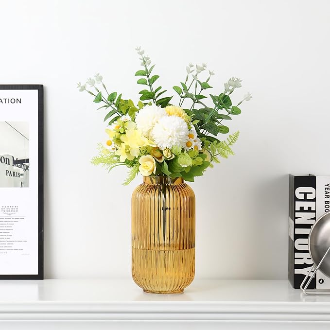 Ribbed Glass Vase, Amber Flower Vase for Bouquet, Glass Vases for Flowers, Modern Vases for Living Room, Bedroom, Kitchen, Dining Table, Office, Wedding, 8.6 Inches