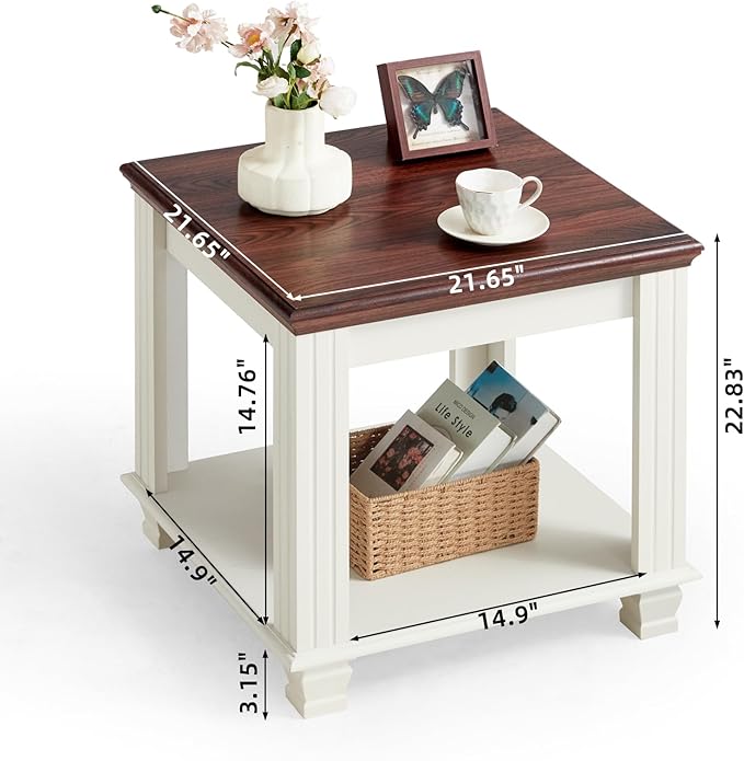 Farmhouse End Table with 2-Tier Storage Shelf, Large Square Side Table with 4 Solid Wood Square Legs, Small Coffee Table for Living Room, White