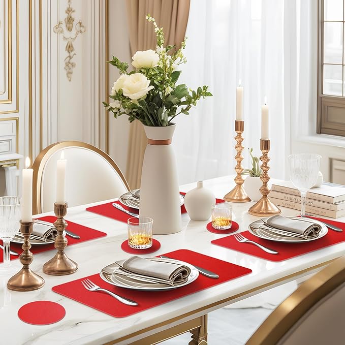 Faux Leather Placemats Set of 6, Vinyl Placemats Heat Resistant Place Mats, Waterproof Oil-Proof Wipeable Dining Table Mats and Coasters for Kitchen, Indoor, Outdoor (Red)
