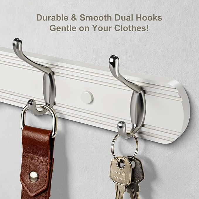 Coat Hooks Wall Mount, Wood Bamboo Wall Coat Rack with 6 Metal Hooks for Hanging Clothes, Towels, Keys, Bags(White&Brushed Nickel)