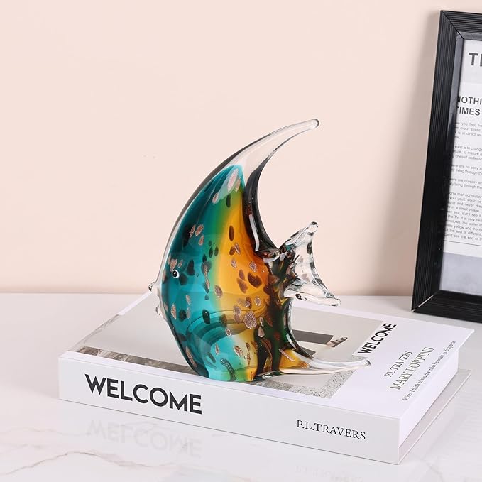 DOVDOV Hand-Blown Glass Fish Decorative Sculpture, Green Ocean Glass Art Piece, Coastal-Themed Decor Suitable for bedrooms, Offices, Coffee Tables, and TV Stands, Marine Animal Sculpture Art.