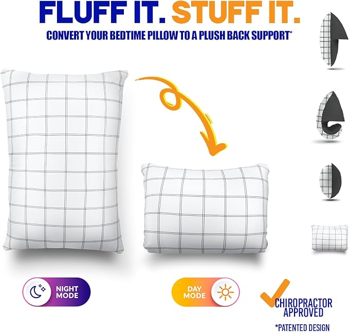 DozyBoy Fluff and Stuff Comfort Pillow | Queen Size Memory Foam Pillows, Chiropractor Designed and Approved 2-in-1 Back Support and Bed Pillows | Fully Adjustable Pillow (Checker, Queen (Pack of 1))