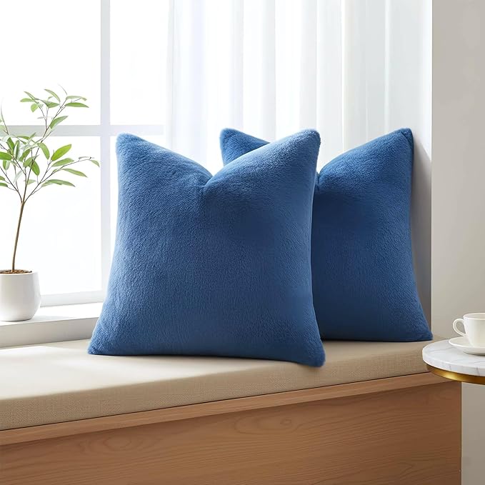 Pallene Faux Fur Plush Throw Pillow Covers 22x22 Set of 2, Soft Fluffy Couch Pillow Covers for Living Room, Navy Blue