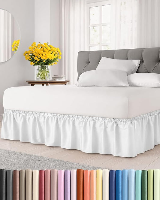 Wrap Around Dust Ruffle Bed Skirt - White - Twin/Twin XL Size Beds with 24 Inch Drop - Easy Fit Elastic Strap - Adjustable Pleated Bedskirt w/Brushed Fabric - Wrinkle Free - Women, Men, Kids & Teens