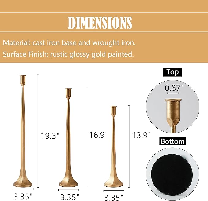 Denique Iron Taper Candle Holder Set of 3, Gold Candlestick Holders 19.3”17” 14” Heightening Decorative Candle Stand Set for Wedding, Dining Table, Home Decoration (Gold)