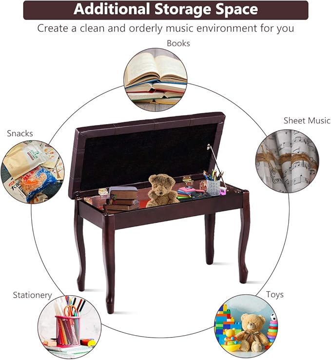 GOFLAME Piano Bench Stool with Padded Cushion and Music Storage, Heavy Duty Piano Duet Seat with PU Leather Padded Seat and Solid Wooden Legs, Perfect for Home Use (Brown)