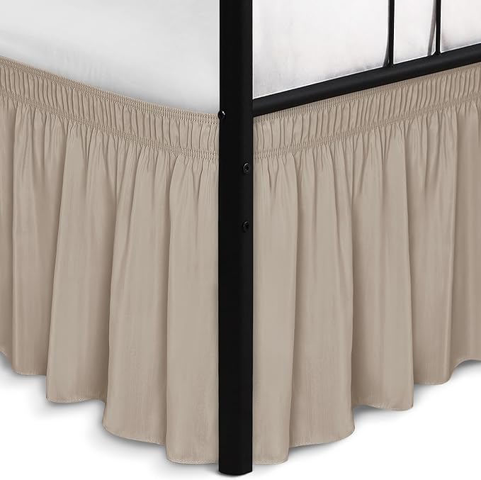 Biscaynebay Wrap Around Bed Skirts with Split Corners for King Beds 17" Drop, Light Camel Elastic Dust Ruffles Easy Fit Wrinkle & Fade Resistant Silky Luxurious Fabric Solid Machine Washable