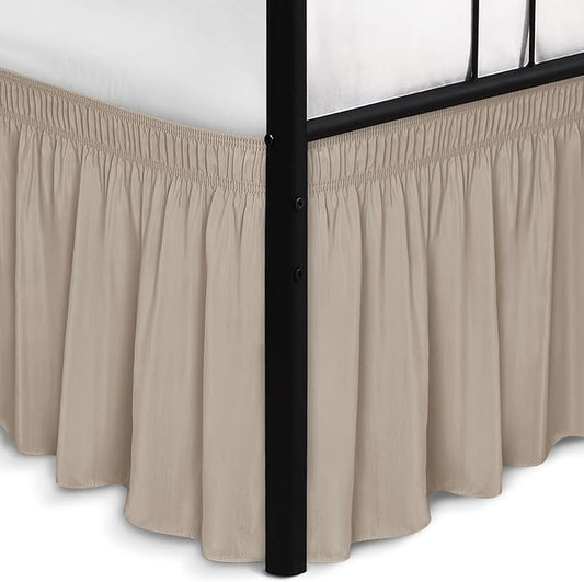 Biscaynebay Wrap Around Bed Skirts with Split Corners for Queen Beds 17" Drop, Light Camel Elastic Dust Ruffles Easy Fit Wrinkle & Fade Resistant Silky Luxurious Fabric Solid Machine Washable