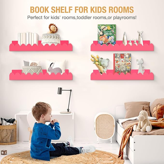 Nursery Shelves for Wall, Pink Scalloped Shelves Floating Wall Shelves Set Book Shelves for Kids, Home Decor Nursery Bookshelf Toilet Shelf (15.5 inch)
