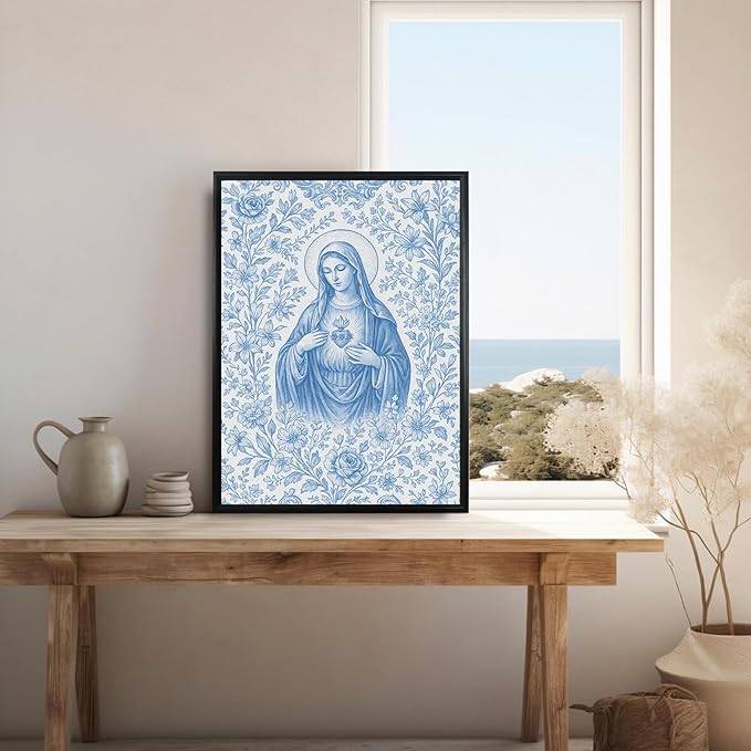 Framed Blue Virgin Mary Immaculate Heart Canvas Wall Art Christian Catholic Wall Decor Our Lady of Guadalupe Portrait Poster Prints Religious Bible Artwork for Living Room Prayer Room Church 16x24in