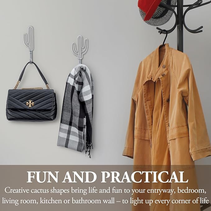 MyGift Wall Mounted Modern Silver Tone Metal Coat Hooks with Wire Saguaro Cactus Matching Shapes for Hanging Hats Coats Towels Leashes Keys, 2 Piece Set