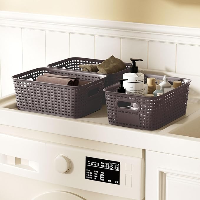 Plastic Storage Bins with Bamboo Lid - Stackable Pantry Storage Organizer with Lid - Storage Basket with Lable for Organizing: Small Storage Box for Shelves Cabinet Office Drawer Desktop 10x7x4in 6Pcs