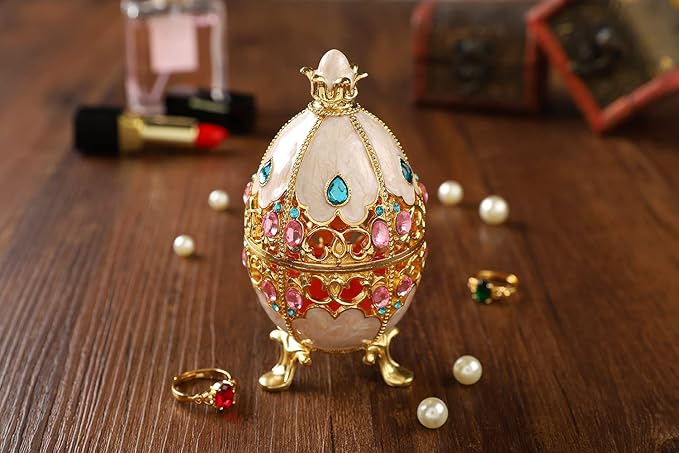 Trinket Box with Hinged White Hollow Out Easter Egg Enamel Jewelry Box Classic Ornaments Metal Craft Gift for Home Decor