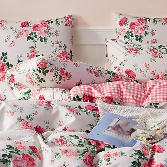 Botanical Floral Duvet Cover King Vintage Garden Flower Duvet Cover 100% Microfiber Floral Comforter Cover Reversible Pink Plaid Wildflower Duvet Cover with Zipper Ties Boho Cottagecore Bedding Set