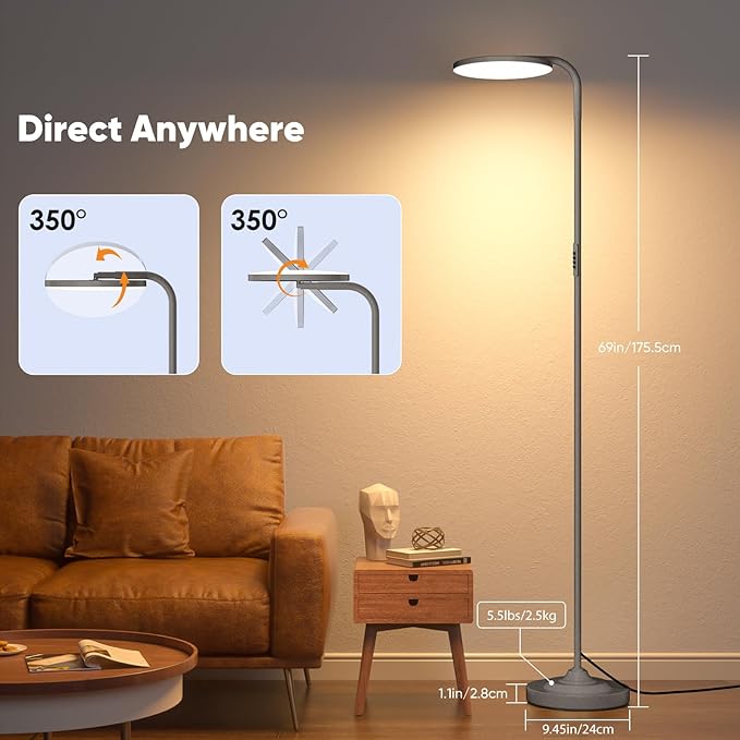 SIBRILLE 36W LED Floor Lamp, Super Bright Standing Lamp, Modern Stepless Dimmable Torchiere Lamp with Remote Control, 350°Rotating Head Reading Floor Lamp for Living Room, Bedroom, Office - Gunmetal
