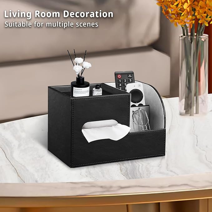 PU Leather Tissue Box Cover Square,Tissue Box Holder Organizer with Storage Tray and Remote Control Holder for Bathroom Countertop Night Stands Bedroom Office Desk,Napkin Caddy Decorative Black