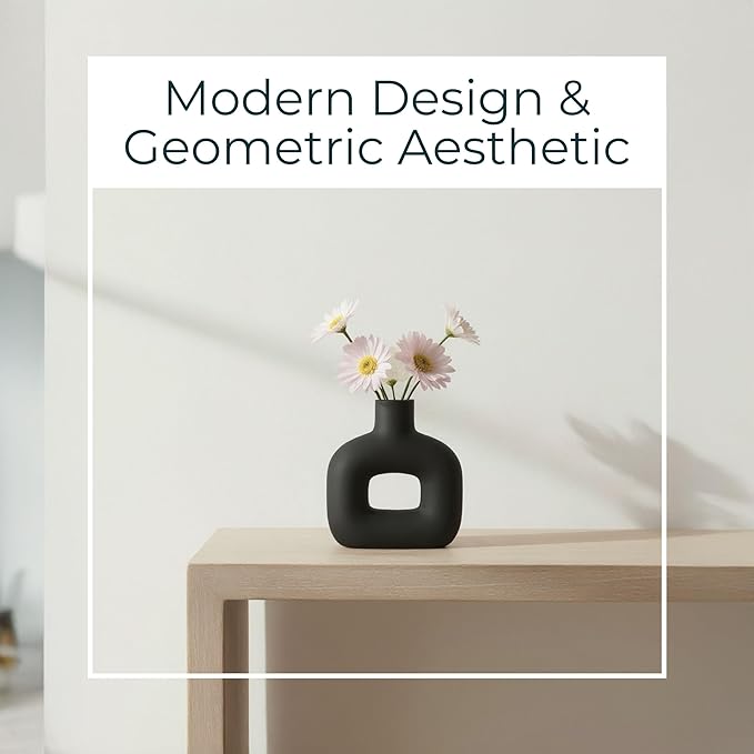 Modern Open-Cut Dolomite Vase for Living Room Decor and Home Accents - Decorative Flower Vase for Room, Bedroom or Office Display - Elevate House Display and Console Table Decor - 8", Black