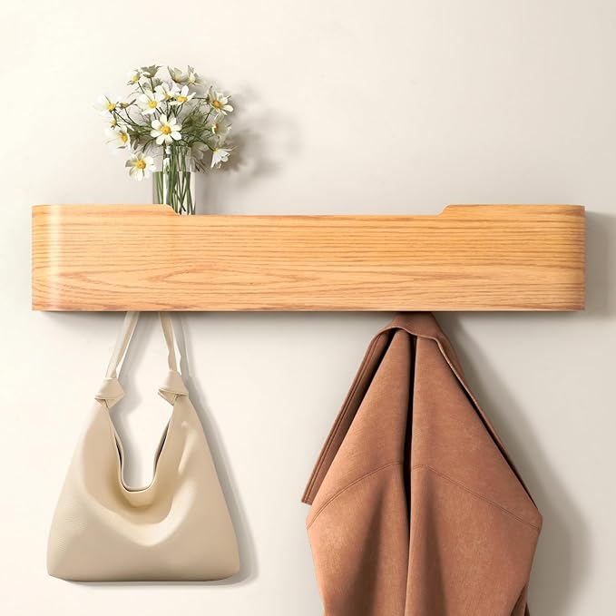 Coat Rack Wall Mount Entryway Organizer Modern Key Holder Wall Mount with Wooden Shelf Entryway Hooks for Bedroom Kitchen Hallway Bathroom for Hanging Coats Hats Dog Leashes Bags Towels (Oak, 5 Hooks)