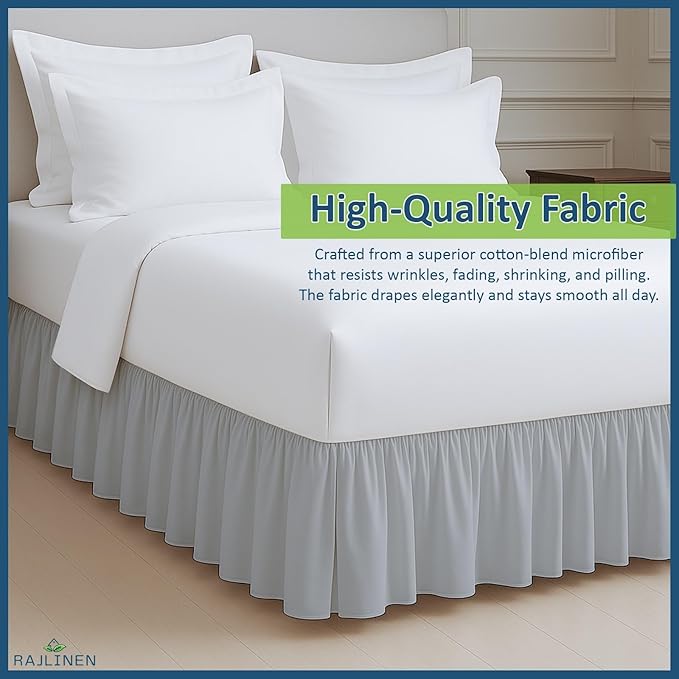 Rajlinen Ruffled Bed Skirt Full XL, 14 Inch Drop Dust Ruffle with Split Corners, 100% Microfiber Bedskirt with Platform, Three-Sided Coverage Ruffled Gathering Design, Light Grey