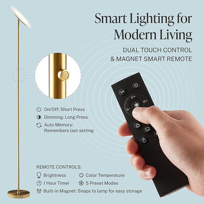 Slothology Skylight LED Floor Lamp, 3200LM, 71" Modern Torchiere in Golden Brass, Stepless Dimming, Remote & Touch Control, Bright Light for Living Room or Bedroom, Weighted Base