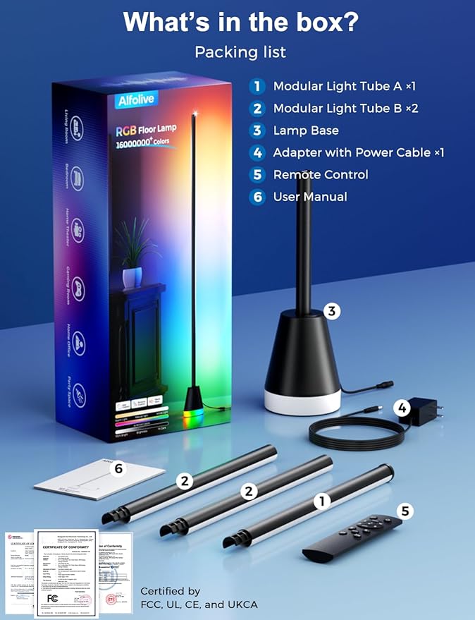 Alfolive RGB Floor Lamp, Smart LED Corner Lamp for Living Room Bedroom, 16 Million DIY Colors Standing Lamp with Music Sync App & Remote Control, Cool Modern Mood Light Ambient Lighting, Black