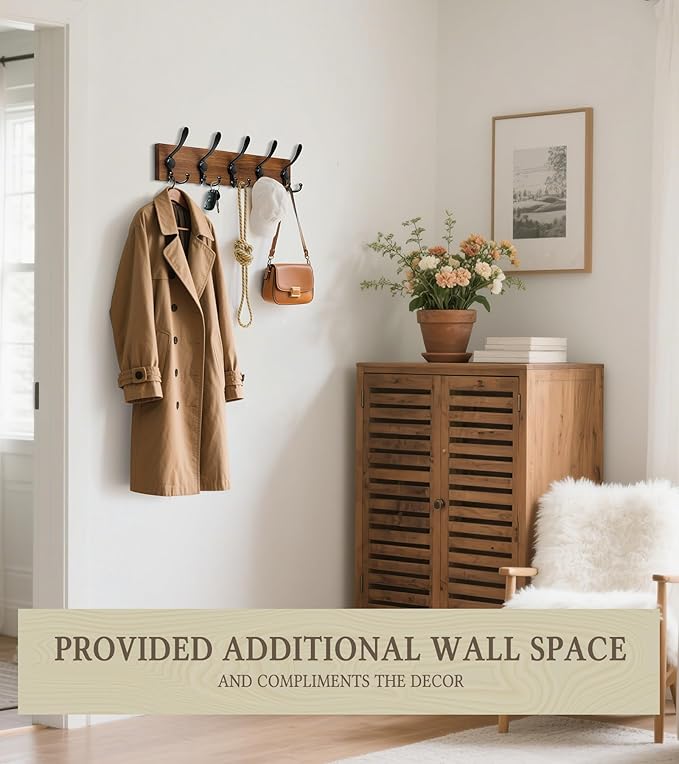 RELBRO Coat Rack Wall Mount, 16.7 Inch Wooden Wall Coat Hanger with 5 Triple Hooks, No Assembly, Brown, 1 Pcs