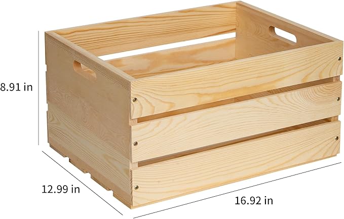 3 Pieces Large Pine Wood Crates For Storage, Unfinished Natural Wooden Crates, 17" x 13" x 8.9" Each, Holds Up to 50 Pounds