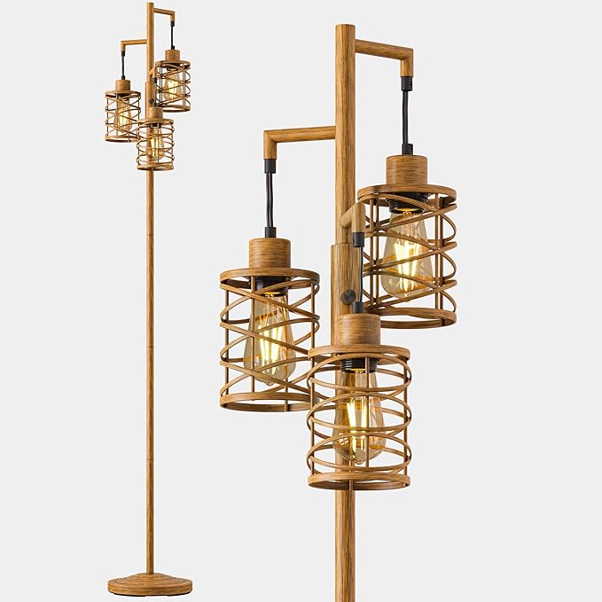 BOBOMOMO 70" Farmhouse Dimmable Floor Lamp, Light Wood Grain Industrial Metal Cage Standing Lamp with 3 LED Bulbs, Stepless Dimming Tall Tree Lamp for Living Room, Bedroom, Studio, Corner