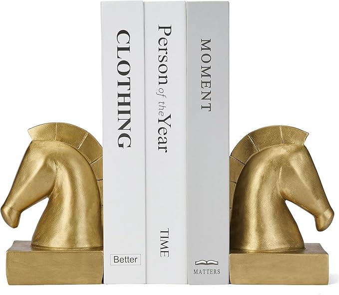 Gold Horse Head Decorative Bookends - Heavy Duty Non-Slip Book Holders, Horse Statue Book Ends for Shelves, Modern Equestrian Ornaments for Home Farmhouse Shelves Office Lover Gift