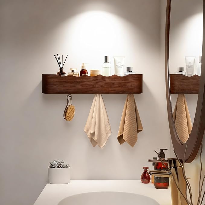 Wall Coat Rack Floating Shelves Modern Coat Rack Wall Mount with Storage Entryway Shelf Wooden Hanger 20 Inch 4 Hidden Metal Hooks for Living Room Bedroom (Wavy Walnut Color, 5 Hooks)