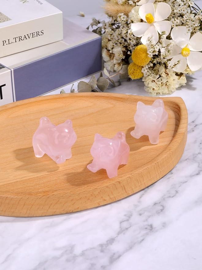Jovivi Natural Rose Quartz Crystal Cat Statue Home Decor Carved Gemstone Cats Figurine Collectibles Pocket Sculpture Pet Memorial Decorative Ornament Gift for Cat Lovers