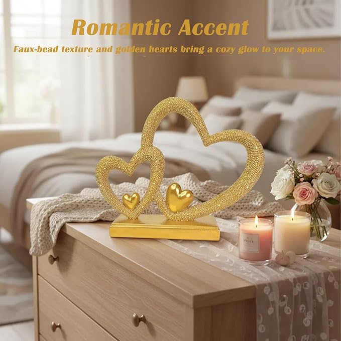 Double Heart Sculpture Valentine’s Day Statue, Faux Beaded Texture with Gold Accents, 7.9" Gold Romantic Decor for Shelf, Mantel, Bedroom, Wedding, for Her