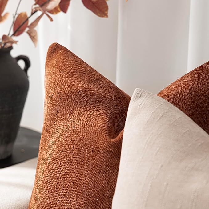 Foindtower Pack of 2 Soft Textured Throw Decorative Pillow Covers Square Accent Solid Cushion Cover Cozy Farmhouse Pillow Case with Zipper for Couch Sofa Bed Living Room 18x18 Inch, Burnt Orange