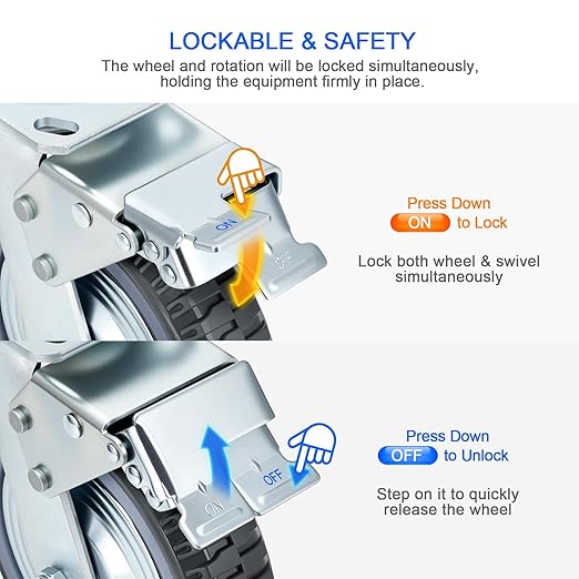 8 Inch Caster Wheels Heavy Duty Casters Set (2 Swivel with Brake, 2 Fixed No Brake), 1600kg/3500LBS Total Capacity Industrial Plate Caster for Workbench, Cart, Trolley, Warehouse Equipment