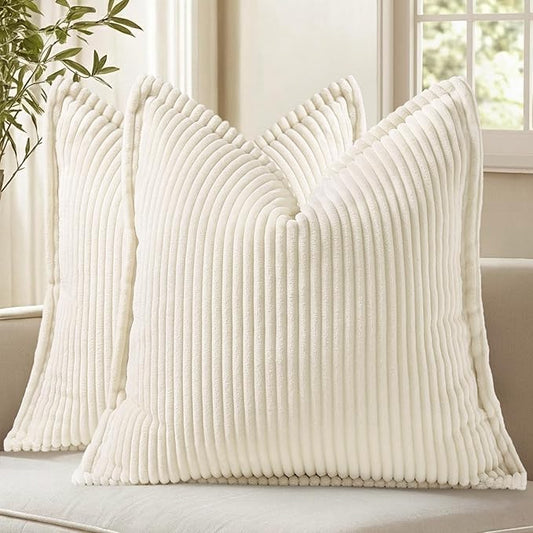 decorUhome Spring Corduroy Cream White Throw Pillow Covers 20x20 Set of 2 Decorative Soft Boho Farmhouse Couch Pillow Covers for Living Room Bed Sofa Broadside Striped Pillow Cases