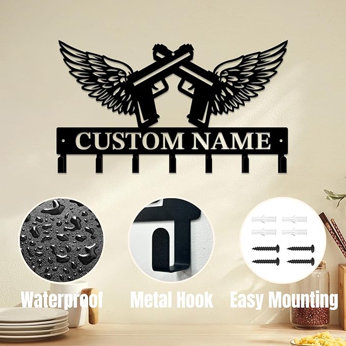 Personalized Custom Name Gun Wall Hooks,Metal Gun Room Art Clothes Hooks,Metal Gun Wall Home Storage Decorative,For Front Door, Hallway, Kitchen, Bedroom,Keys,Hats (Style D)