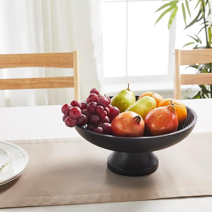 VHC Brands Ribbed Black Wooden Fruit Bowl 5.5x12x12, Kitchen Decor, Decorative Wooden Pedestal Bowl, Perfect Centerpiece for Table, Island, or Counter