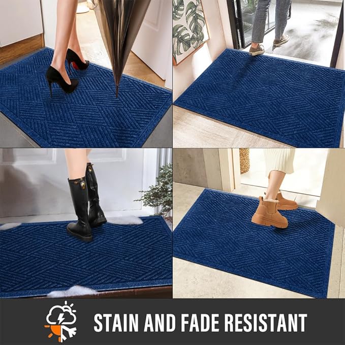 HIYARD Sturdy Front Door Mat, Absorbent Muddy Dirt Resist Welcome Door Mats Outdoor Indoor, Stain and Fade Resistant, Non-Slip Rubber Backing Low Profile Doormat for Entryway, 36×24, Blue
