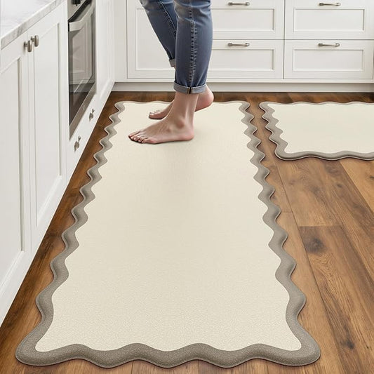 Scalloped Kitchen Mats Rugs Sets of 2 Cushioned Anti Fatigue Floor Mat Waterproof Kitchen Rugs Non Slip Foam Comfort Standing Mat for Sink Laundry, Khaki