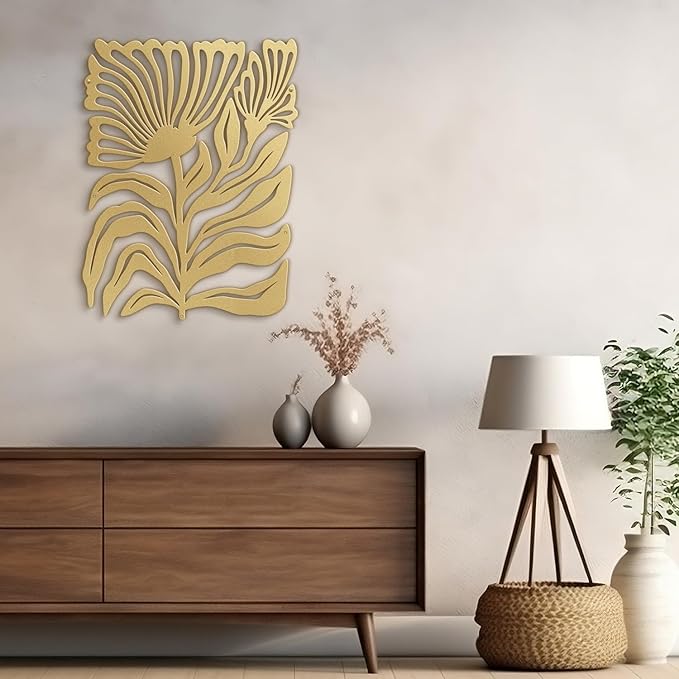 SIGNLEADER Metal Wall Art Decor Botanical Flower Minimalist Modern Abstract Wall Sculpture Hangings Home Decoration for Living Room, Bedroom, Bathroom, Kitchen, Outdoor - 18" Gold