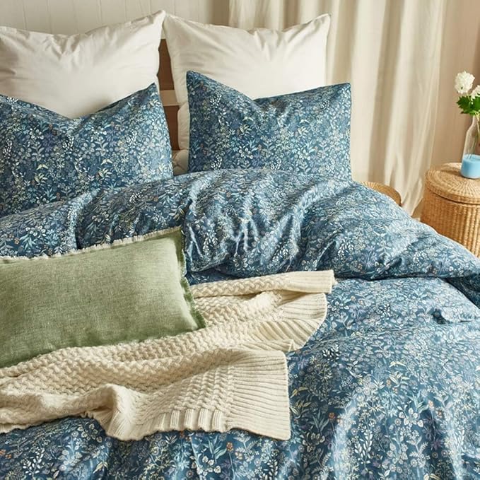 Blue Floral Duvet Cover King Vintage Flower Pattern Duvet Cover 100% Cotton Garden Style Comforter Cover Chic Botanical Floral Bedding Sets for Girls Women 1 Floral King Duvet Cover with 2 Pillowcases