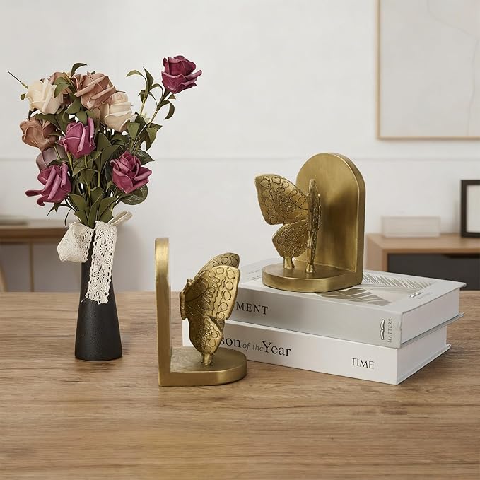 Gold Butterfly Book Ends for Shelves, Butterflies Statue Decorative Bookends for Heavy Books, Resin Book Ends with Non-Slip Felt Base for Home Farmhouse Shelves Office Lover Gift