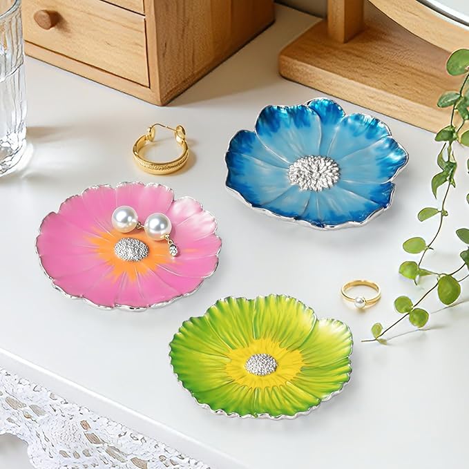 LARAINE Jewelry Dish Display Trinket Tray Flower Home Decorative Organizer Gift Necklace Earring Rings Holder Storage 3.15" (3 Piece Set)